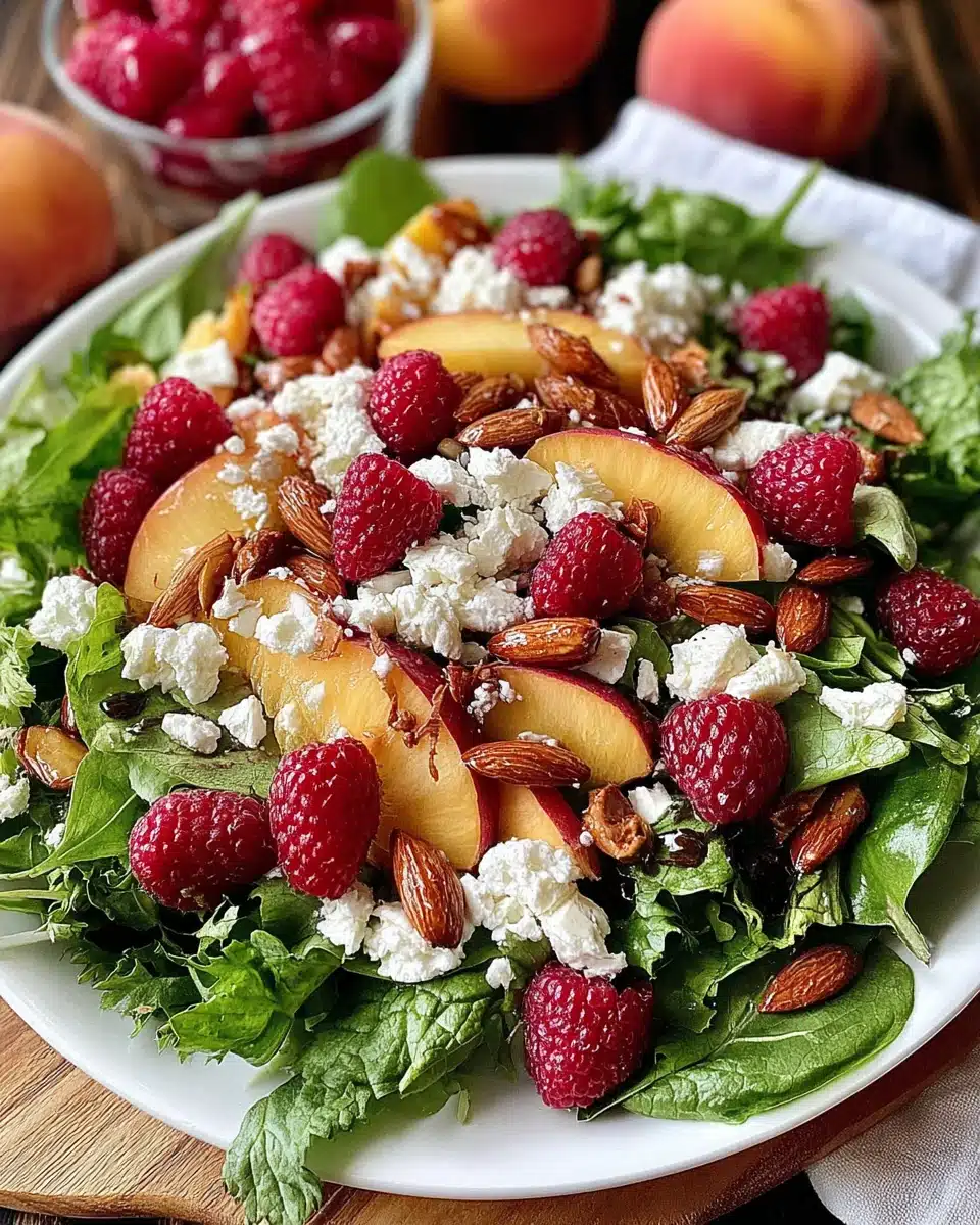 Delicious white peach raspberry almond salad with vibrant colors and fresh ingredients.