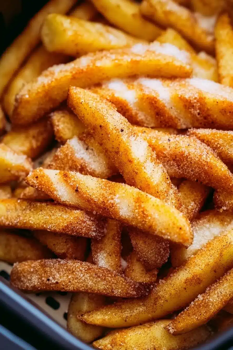 Crispy air fryer apple fries served in a bowl with a cinnamon dip