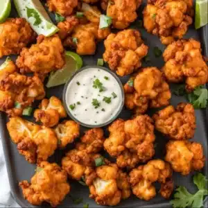 Air Fryer Buffalo Cauliflower dish served with dipping sauce