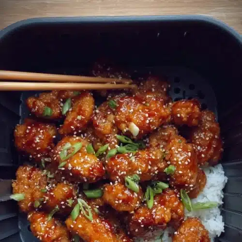 Air Fryer Sesame Chicken served with sesame seeds and vegetables