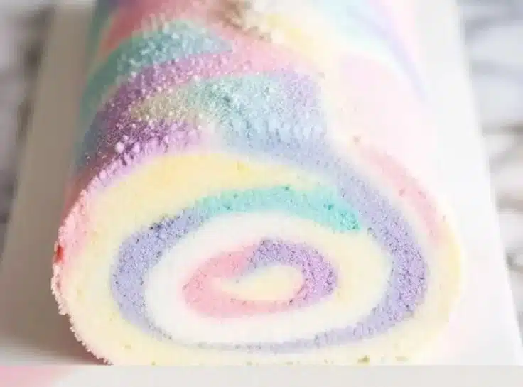 Delicious homemade cake roll filled with cream and strawberries