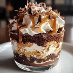 Caramel cheesecake brownie trifle dessert in a glass