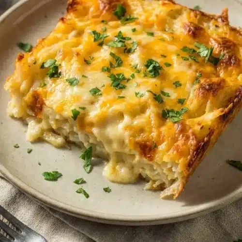 Delicious Cracker Barrel hashbrown casserole served in a baking dish