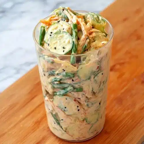 Creamy Asian cucumber salad bowl topped with fresh herbs and sesame seeds