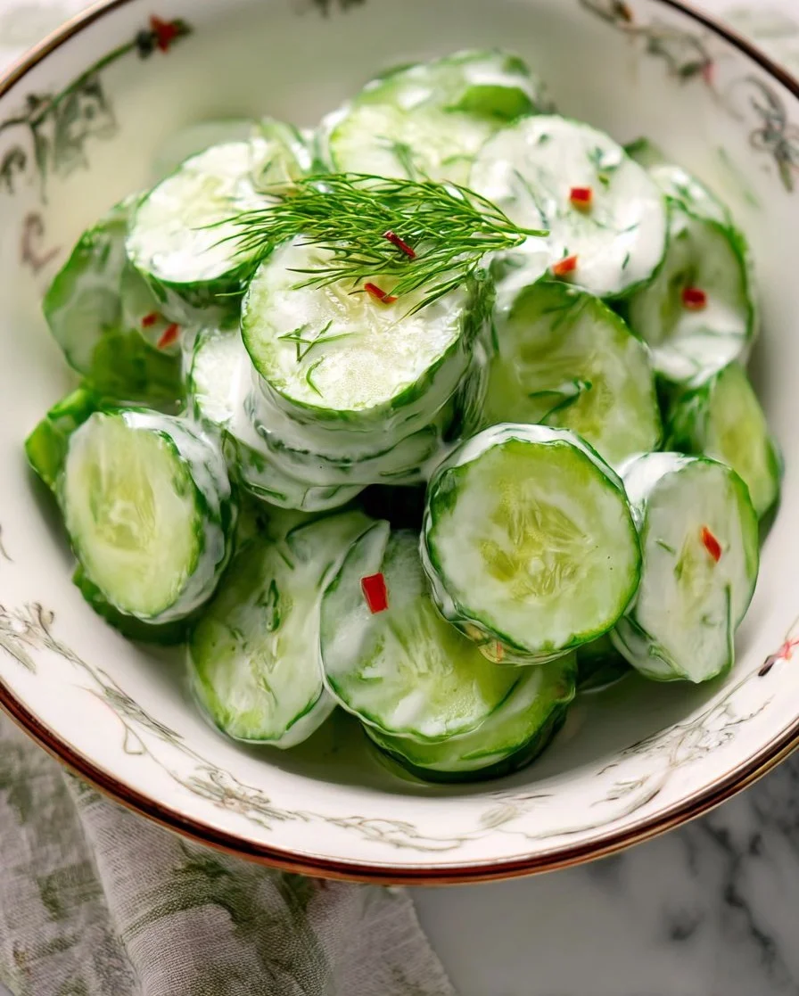 A delicious creamy cucumber salad served in a bowl with fresh herbs.
