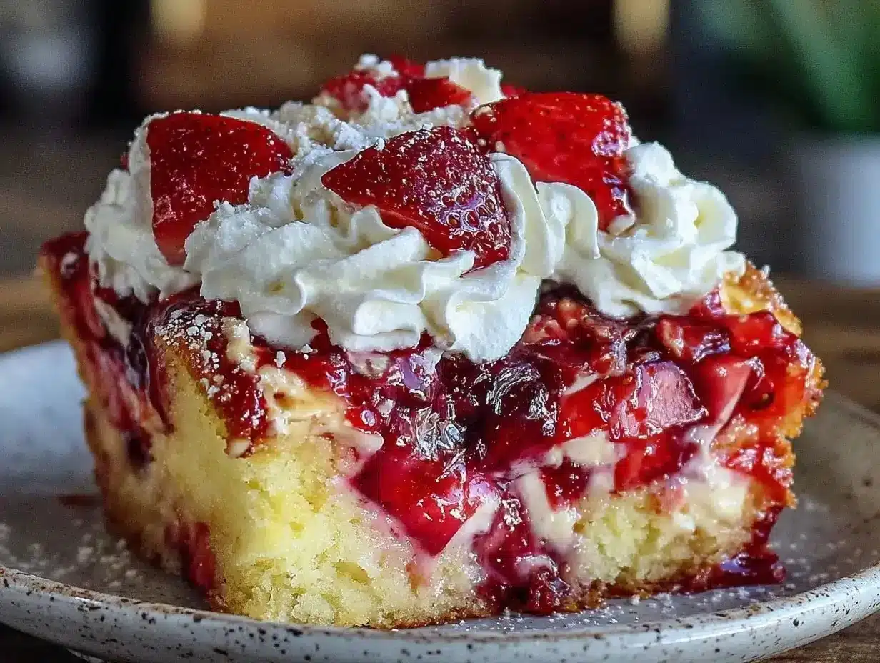 Creamy Jello Poke Cake Recipe with Strawberry and Whipped Topping