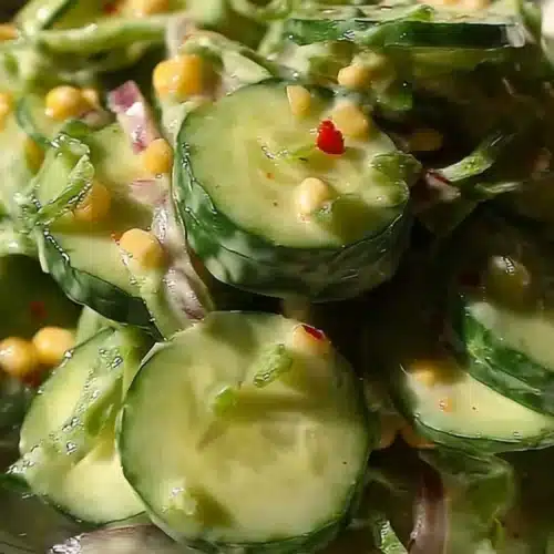 Delicious cucumber salad served in a bowl with fresh herbs and dressing.