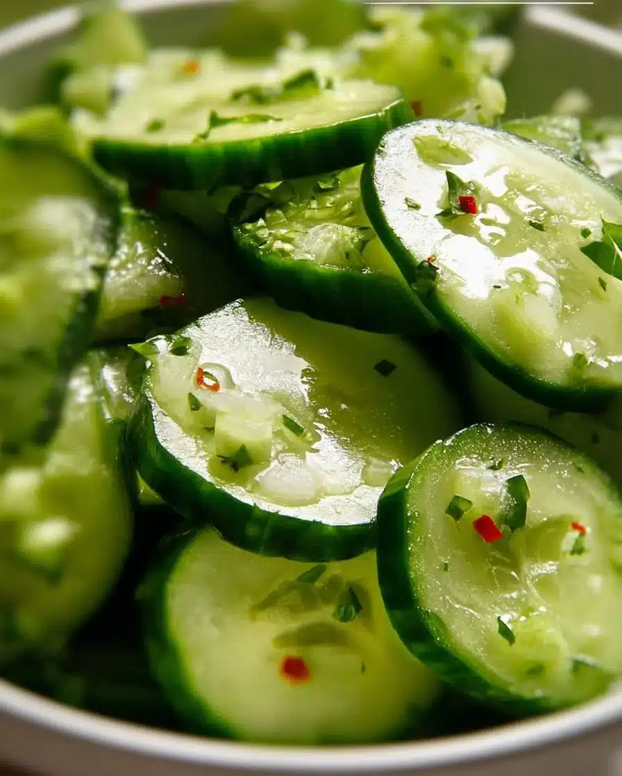 Fresh cucumber salad with herbs and dressing in a bowl