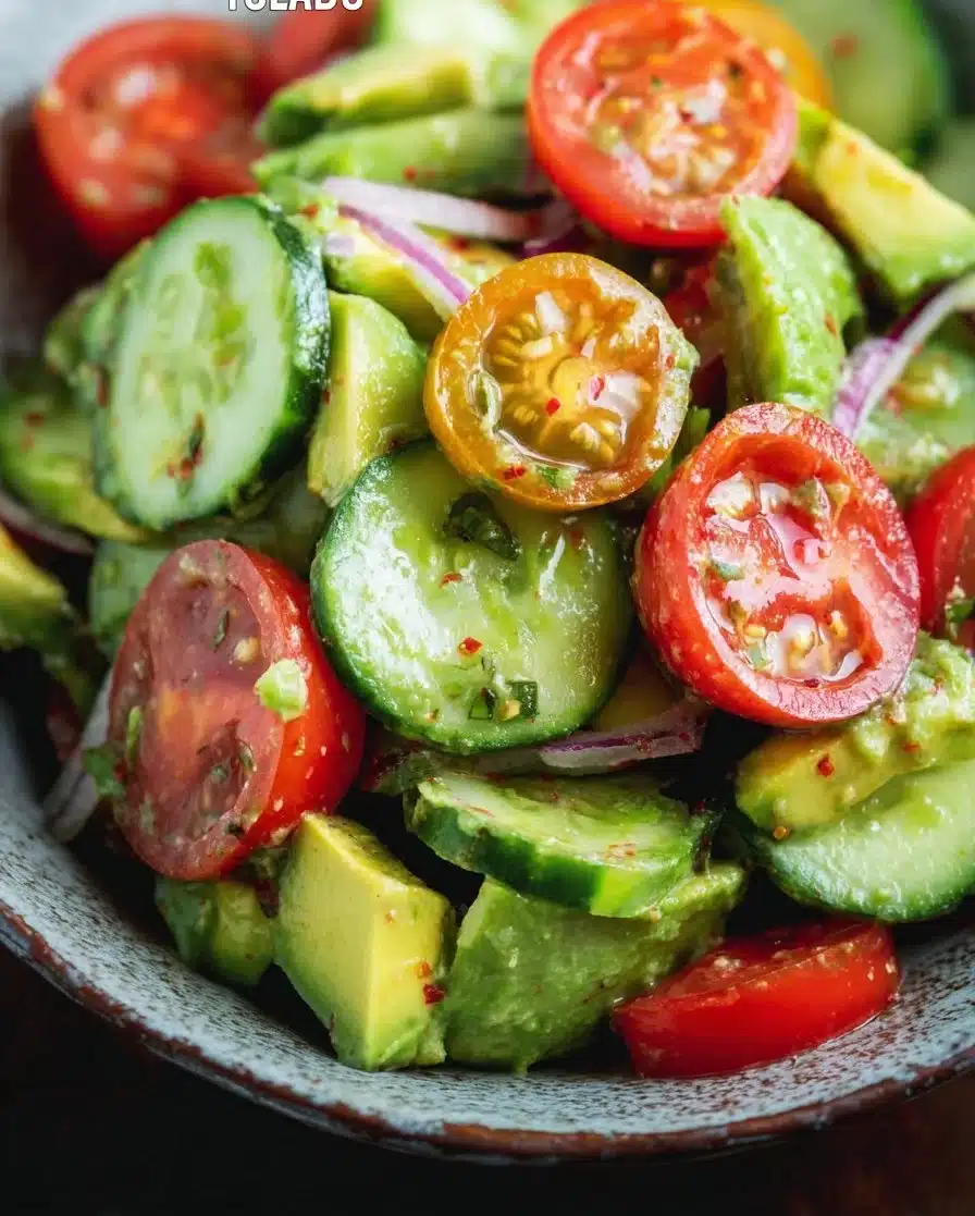 Cucumber Tomato Avocado Salad with fresh vegetables and vibrant colors