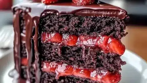 Decadent chocolate strawberry cake with fresh strawberries and rich chocolate frosting