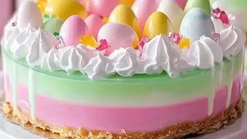 Easter No-Bake Jello Pie with vibrant layers ready to serve