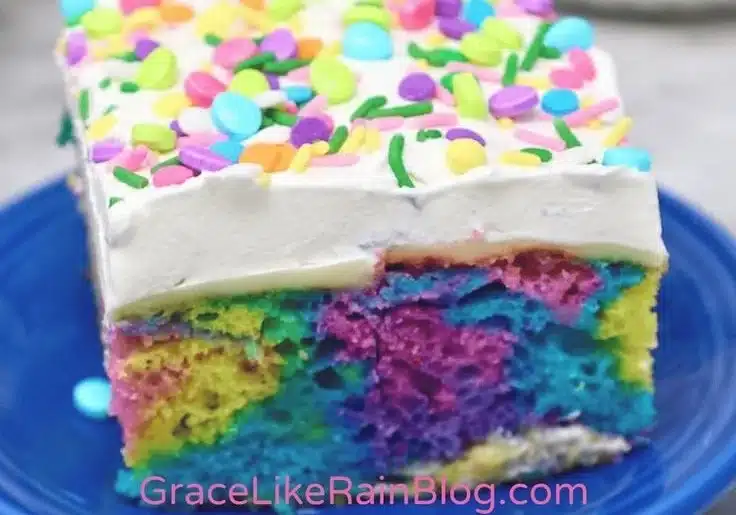 A delicious Easter Poke Cake decorated with colorful frosting and festive toppings.