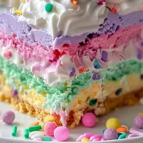 Colorful Easter Poke Cake decorated with pastel frosting and festive sprinkles