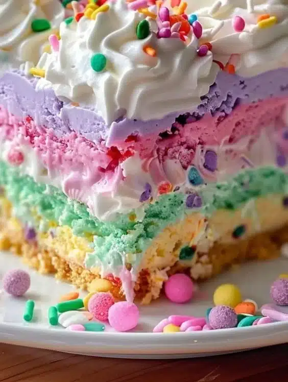 Colorful Easter Poke Cake decorated with pastel frosting and festive sprinkles