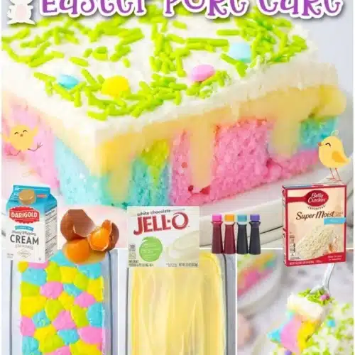 Easter Poke Cake topped with colorful frosting and sprinkles for a festive touch