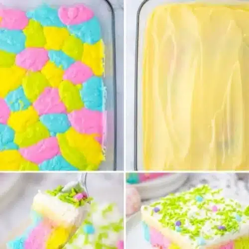 Colorful Easter Poke Cake decorated for the holiday season