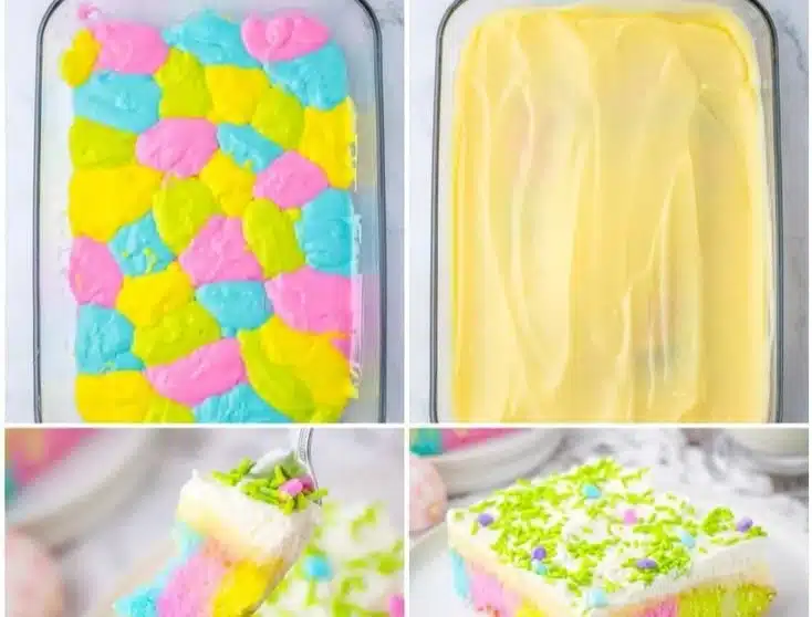 Colorful Easter Poke Cake decorated for the holiday season