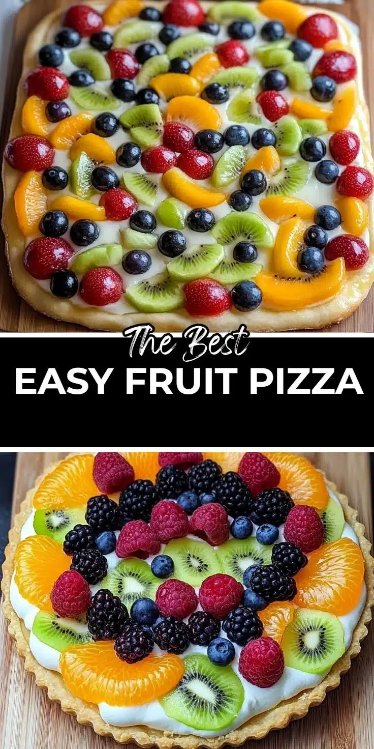 Delicious and colorful easy fruit pizza topped with fresh fruits.