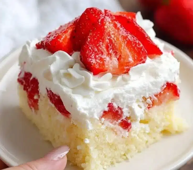 Easy Jello Poke Cake topped with whipped cream and fresh fruit