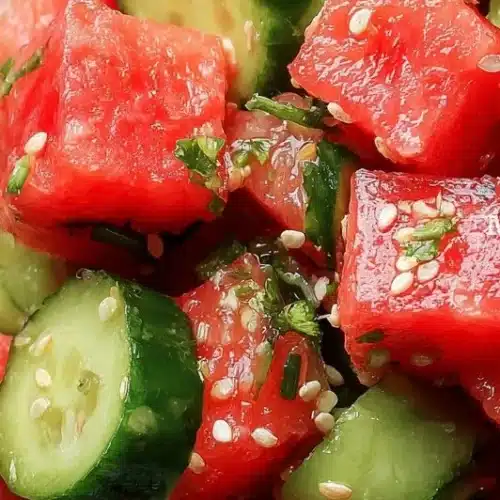 Delicious watermelon cucumber salad in a bowl, ideal for a summer dish