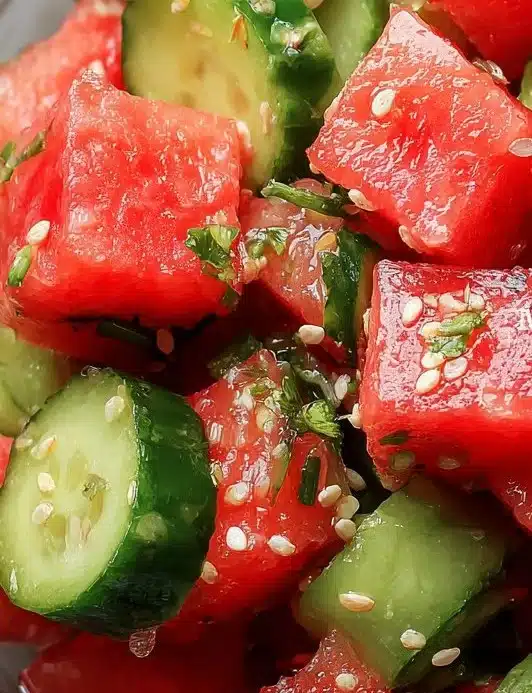 Delicious watermelon cucumber salad in a bowl, ideal for a summer dish