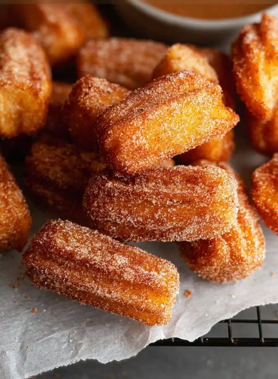 Fluffy air fryer churro bites dusted with cinnamon sugar