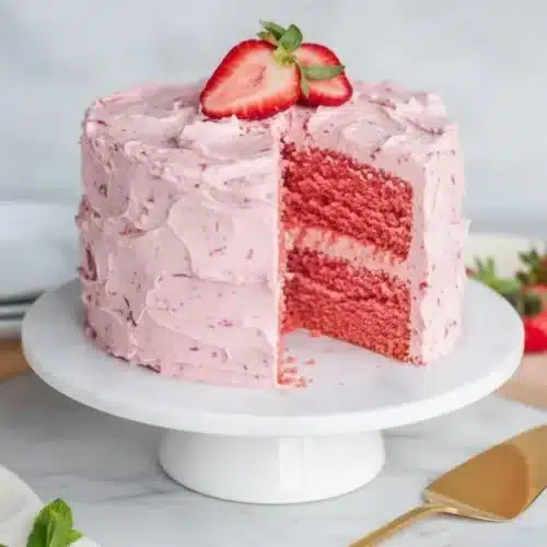 A slice of Fresh Strawberry Cake topped with fresh strawberries and whipped cream