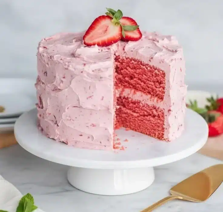 A slice of Fresh Strawberry Cake topped with fresh strawberries and whipped cream