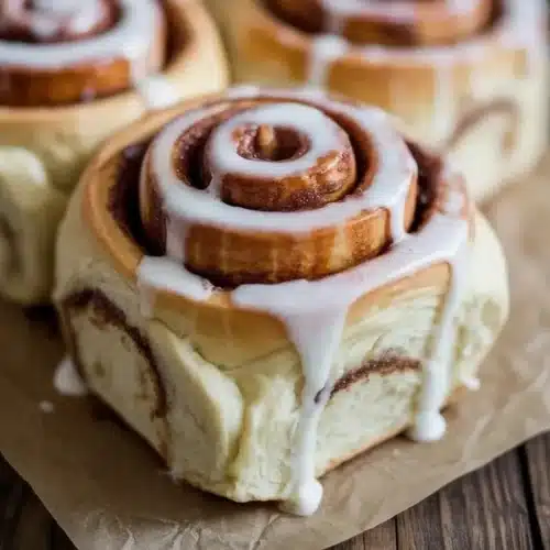 Freshly baked gluten-free sourdough cinnamon rolls on a wooden table