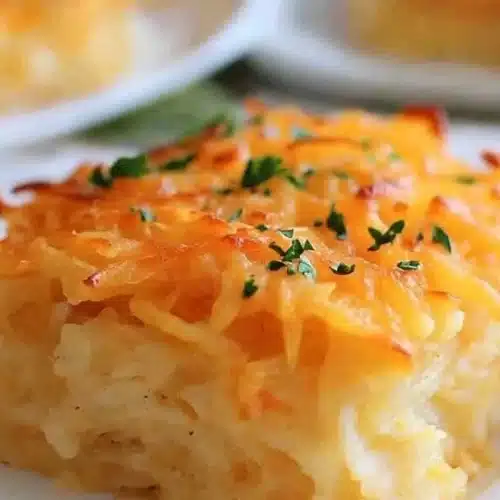 Delicious Hashbrown Casserole topped with cheese and golden brown