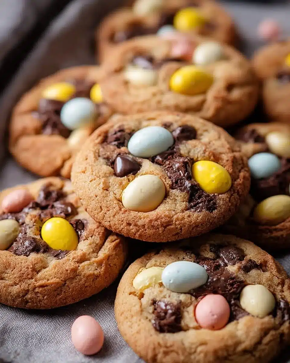 Freshly baked Cadbury Mini Egg Cookies with browned butter on a cooling rack