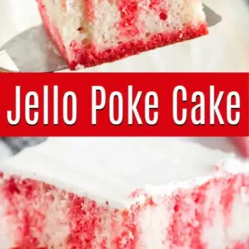 Colorful Jello Poke Cake topped with whipped cream and fresh berries