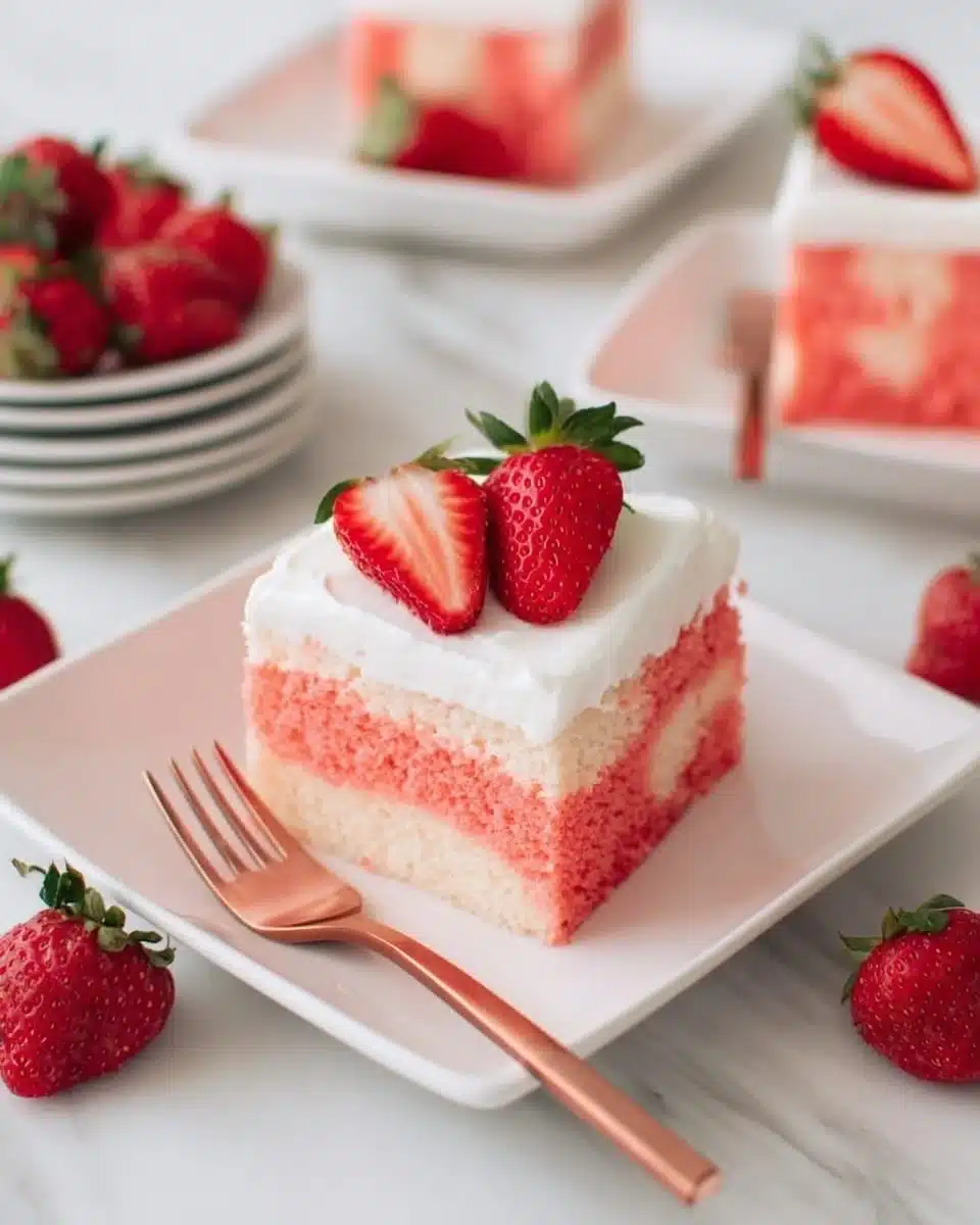 Delicious Jello Poke Cake topped with colorful jello and whipped cream