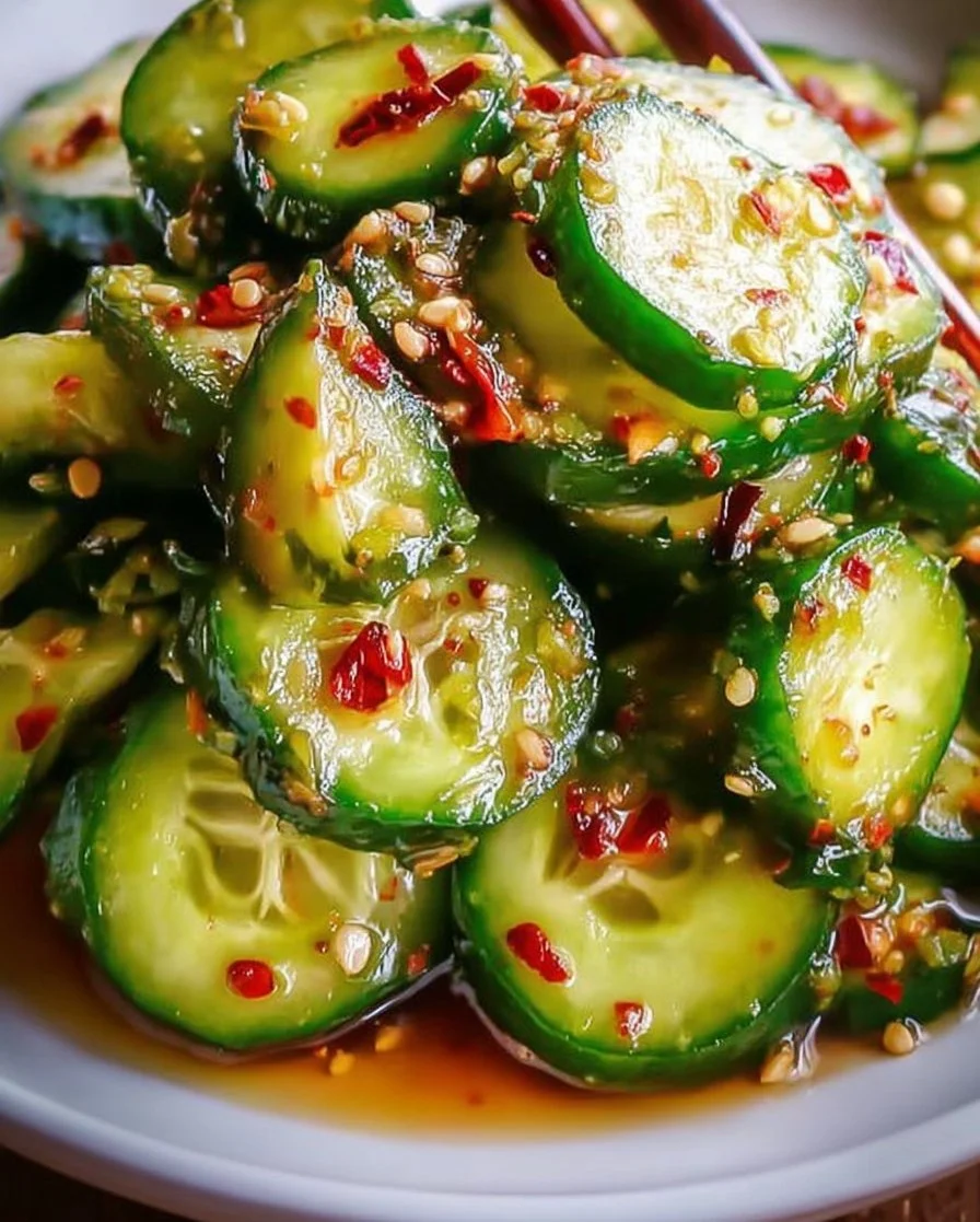 Delicious bowl of Korean Cucumber Salad garnished with sesame seeds and spices