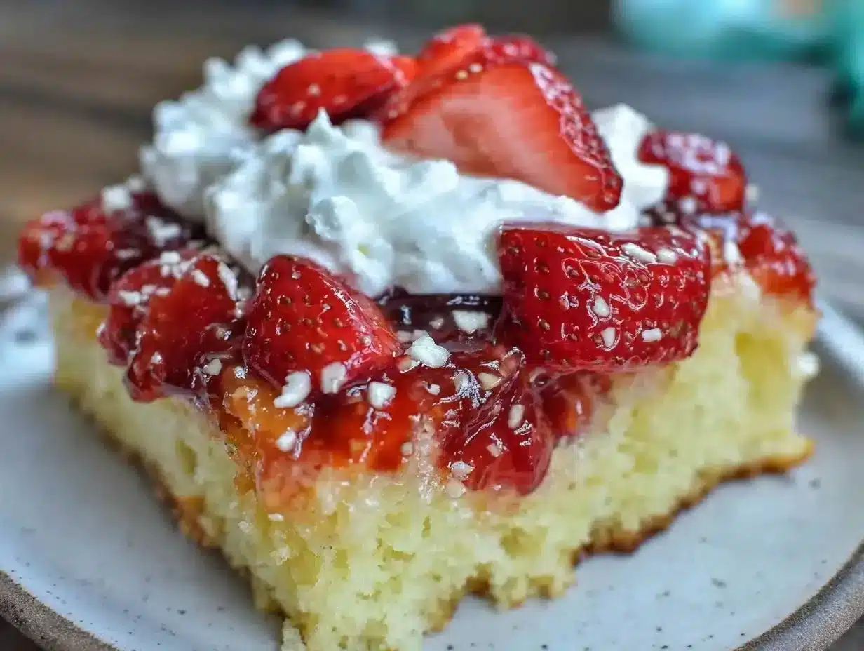 Moist strawberry jello poke cake with whipped cream topping on a plate.