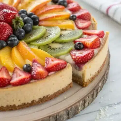 No-Bake Fruit Cheesecake Pizza topped with fresh fruits and creamy cheesecake filling.
