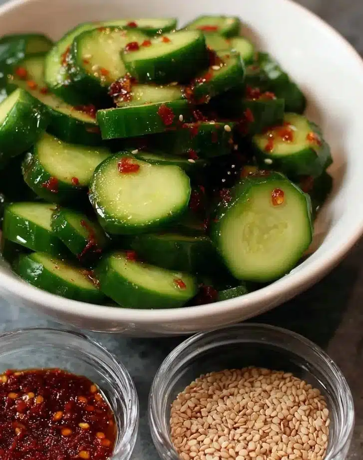 Quick Spicy Korean Cucumber Salad Oi Muchim served in a bowl
