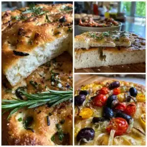 Freshly baked sourdough discard focaccia bread with herbs and olive oil