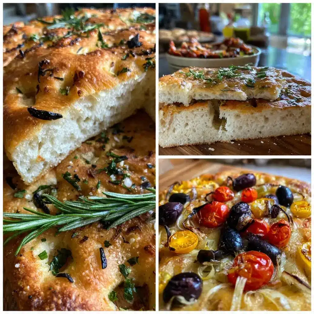 Freshly baked sourdough discard focaccia bread with herbs and olive oil