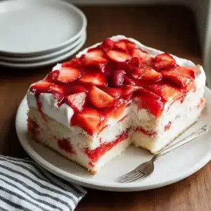 Delicious Strawberry Jello Poke Cake topped with whipped cream and fresh strawberries.