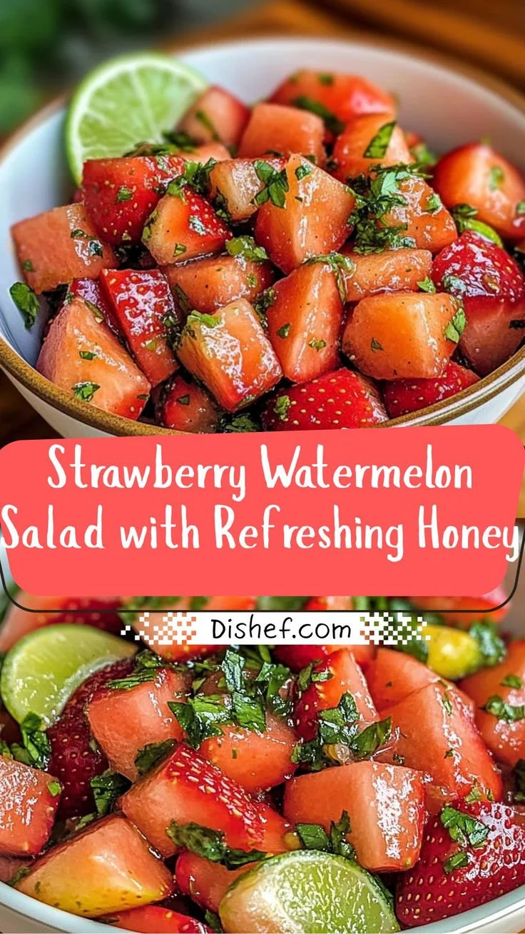 Bowl of strawberry watermelon salad with honey drizzle