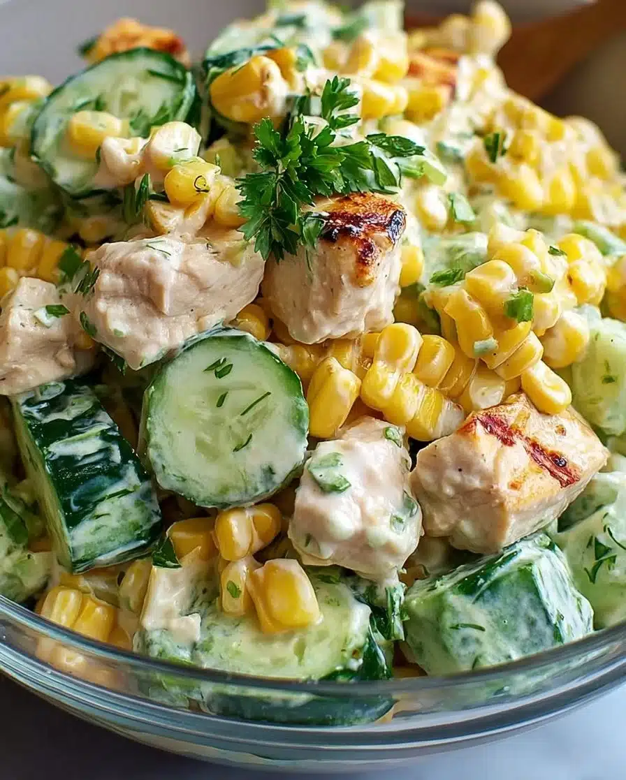 Street Corn Creamy Cucumber Chicken Salad served in a bowl