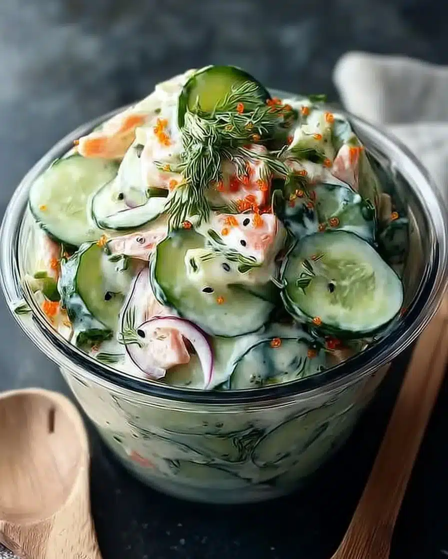 A delicious bowl of creamy sushi cucumber salad garnished with herbs