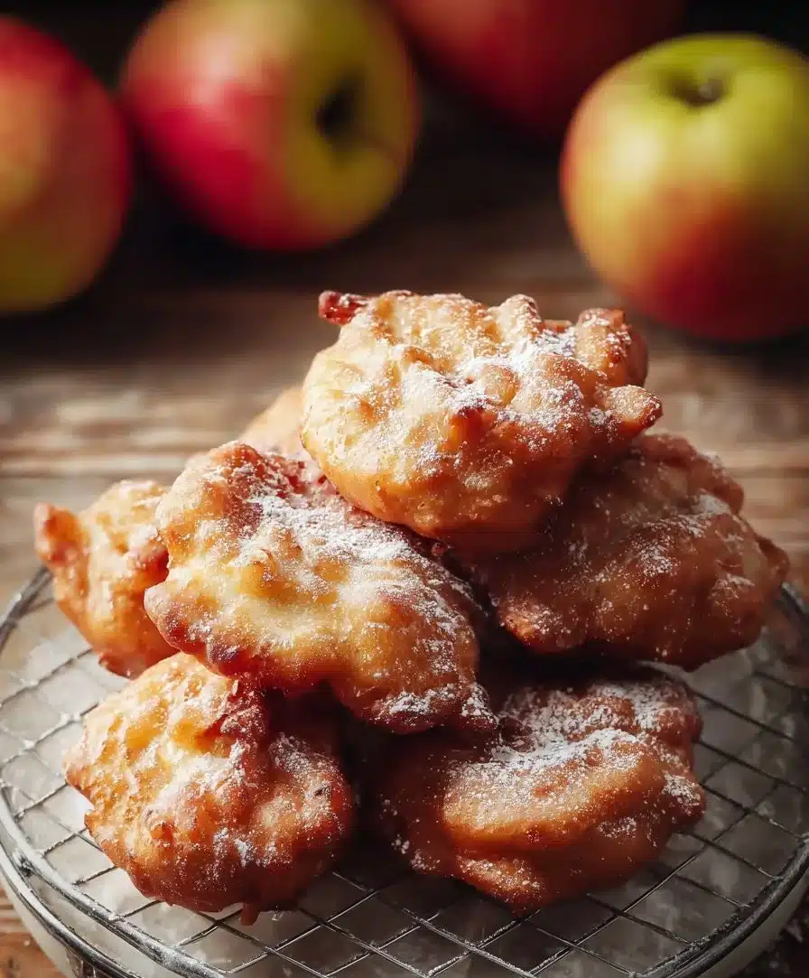 Tasty air fryer apple fritters served on a plate with a sprinkle of powdered sugar.
