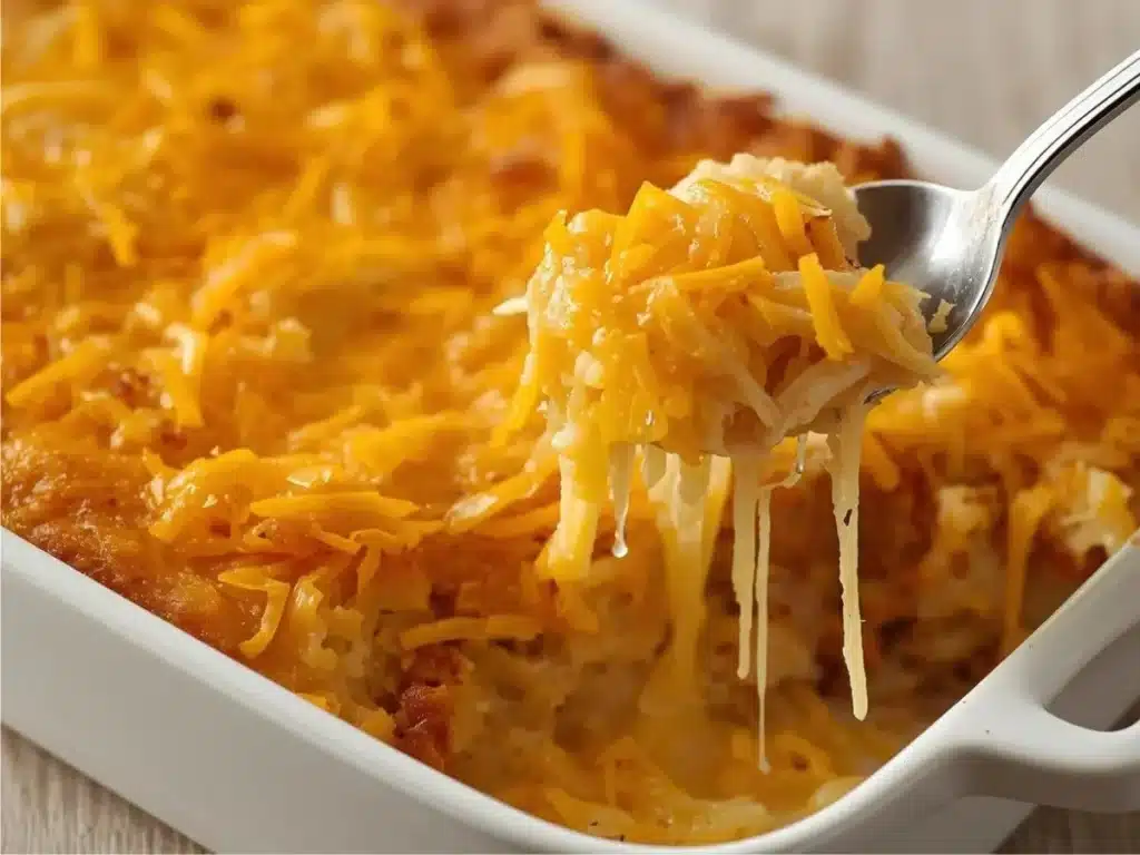 Delicious cheesy hashbrown casserole topped with melted cheese and crispy edges.