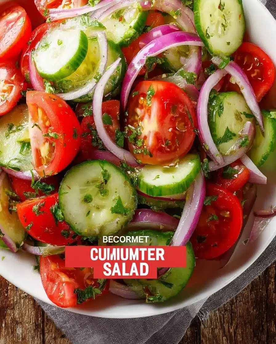 Cucumber tomato salad with crisp cucumbers, juicy tomatoes, and red onion in dressing.