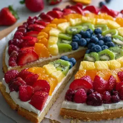 Colorful rainbow fruit pizza topped with fresh fruits on a cookie crust