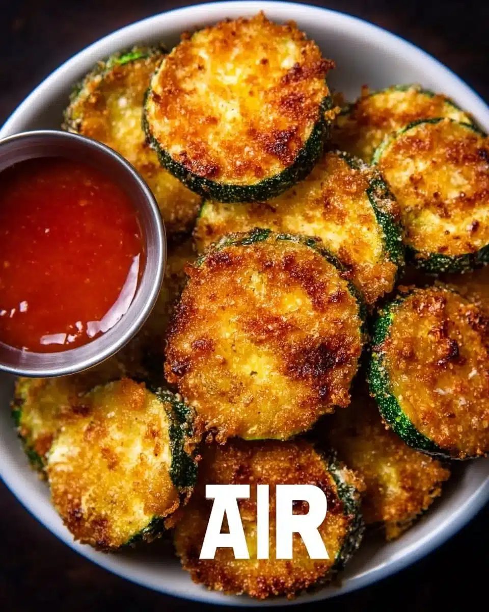 Crispy air fryer fried zucchini served on a plate with dipping sauce