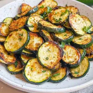 A plate of crispy air fryer zucchini garnished with herbs