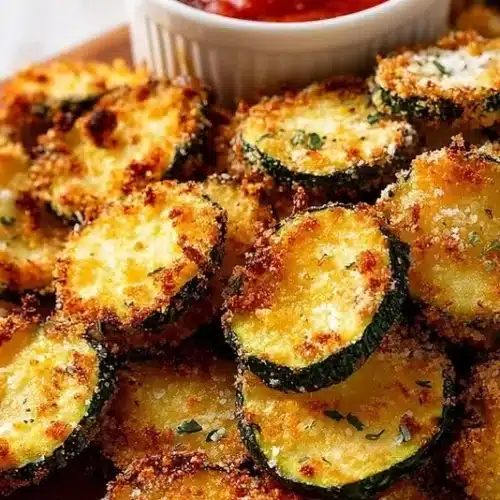 Plate of crispy air fryer zucchini chips garnished with herbs